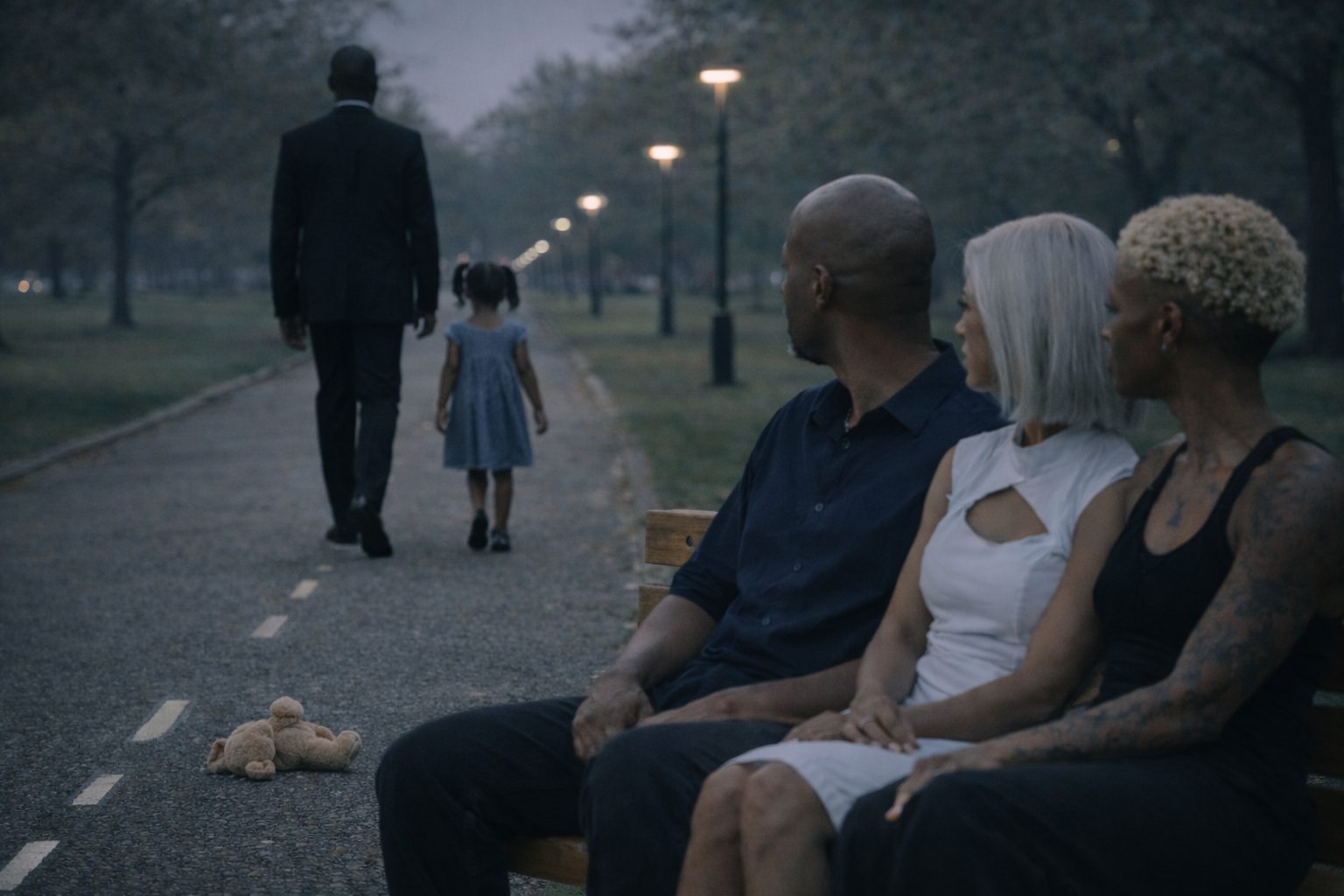 A little girl and a tall man walk through the park.